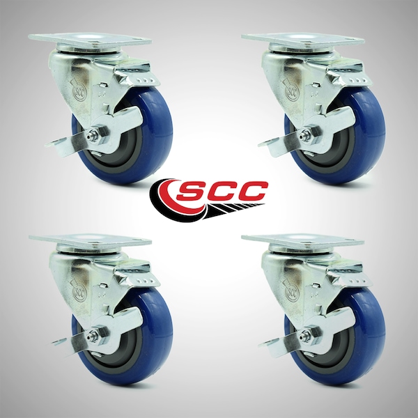 3.5 Inch SS Blue Polyurethane Swivel Top Plate Caster Set with Brake SCC